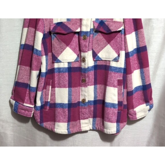 Women's Flannel Shacket Size XL Button Up Long Sleeve Warm Plaid Purple Pink - Picture 13 of 16